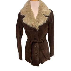 Vintage Brown Leather Jacket with Faux Fur Collar
